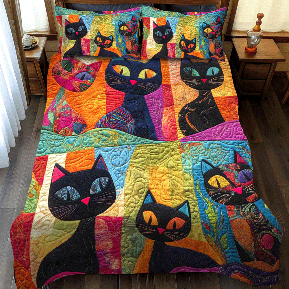 Funny Cat Patchwork 3-Piece Quilted Bedding Set NCU0PD631