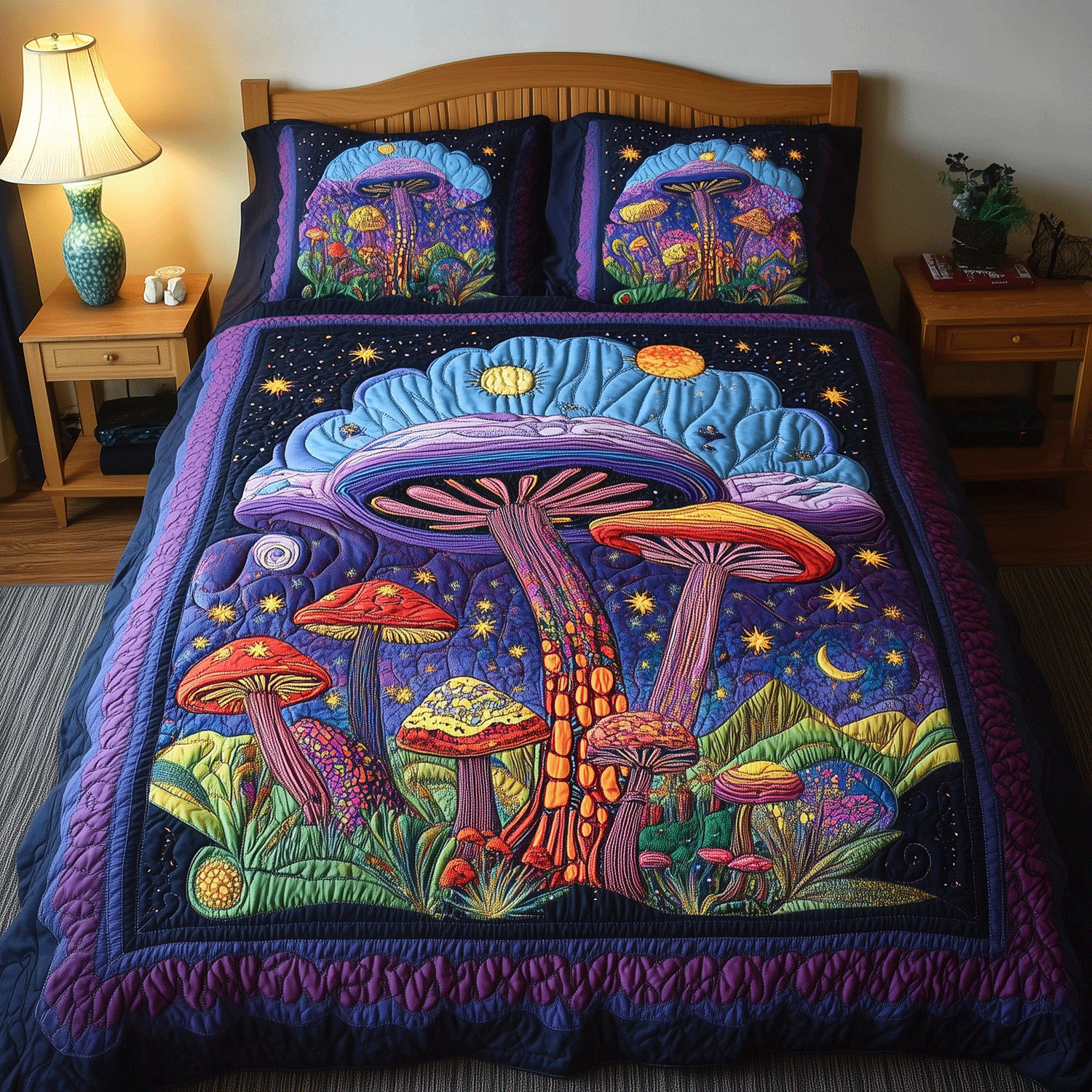 Glimmering Mushroom 3-Piece Quilted Bedding Set NCU0TH2574