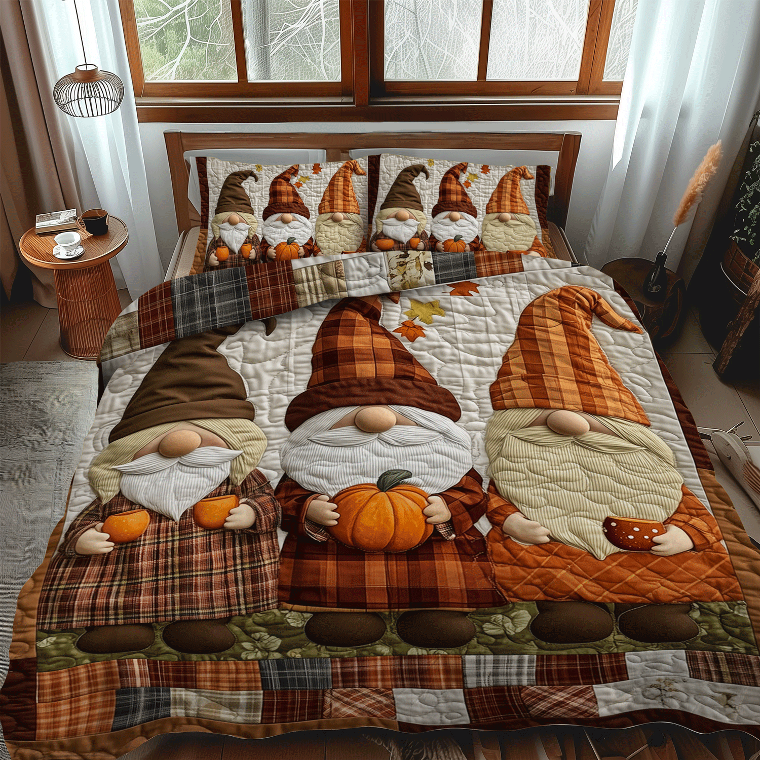 Gnome Pumpkin Parade 3-Piece Quilted Bedding Set NCU0TH1887