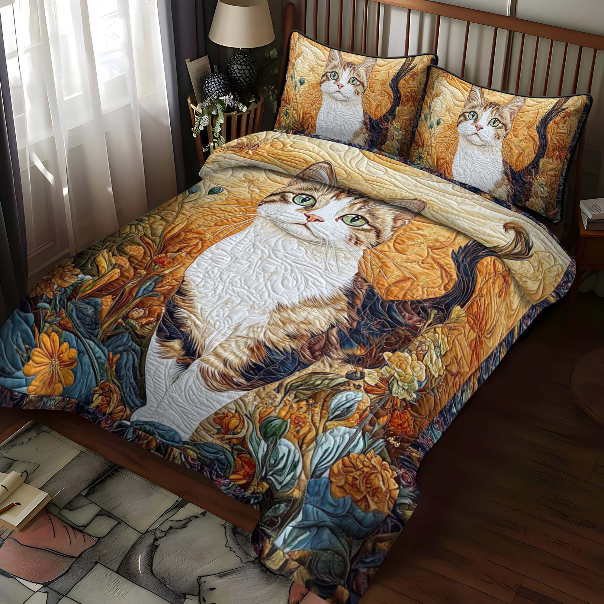 Golden Cat 3-Piece Quilted Bedding Set NCU0NT999