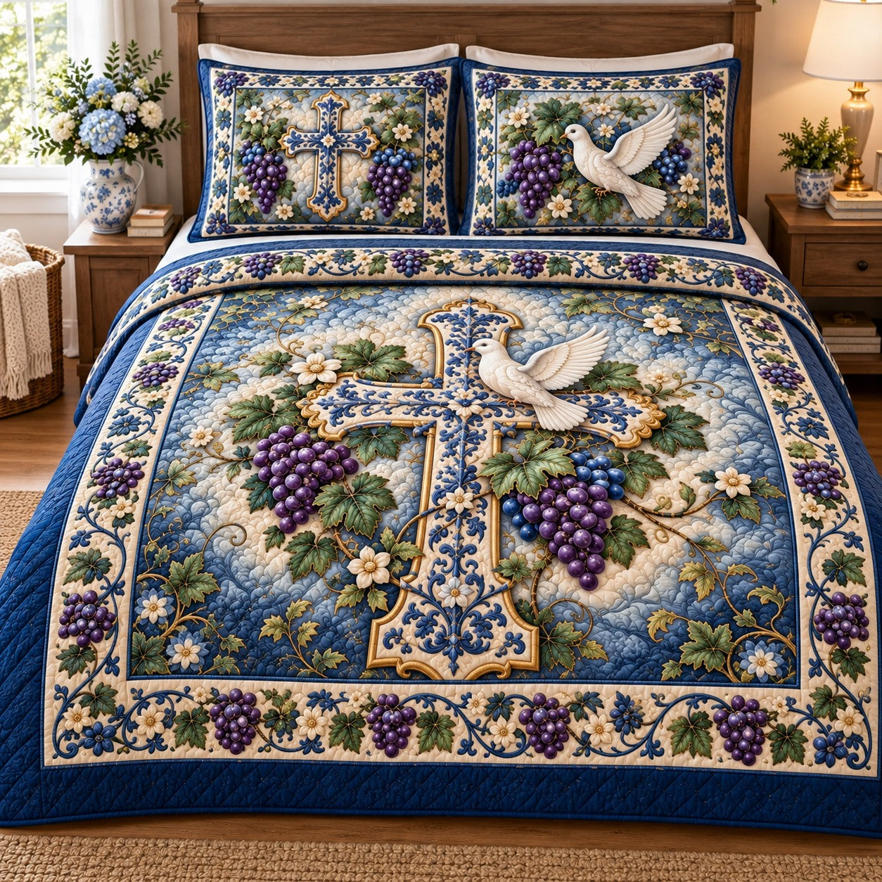 Grapevine Dove Cross 3-Piece Quilted Bedding Set NCU0NTD2382