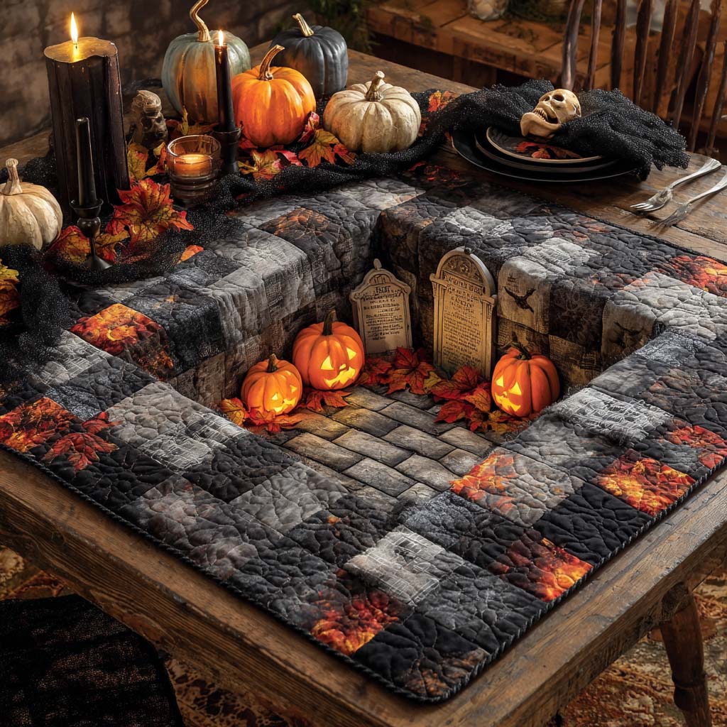 Gravestone Pumpkin Pit Quilted Table Topper NCU0NXD378