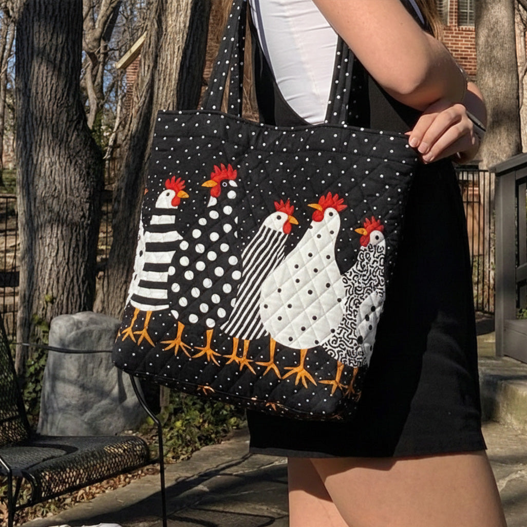 Happy Hen Parade Quilted Zipper Tote Bag SN0PT018