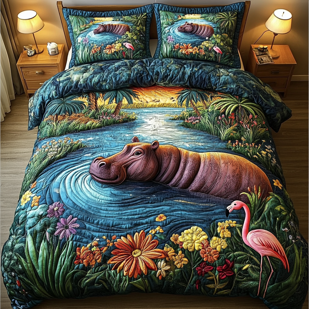 Hippo Harmony 3-Piece Quilted Bedding Set NCU0DDK106