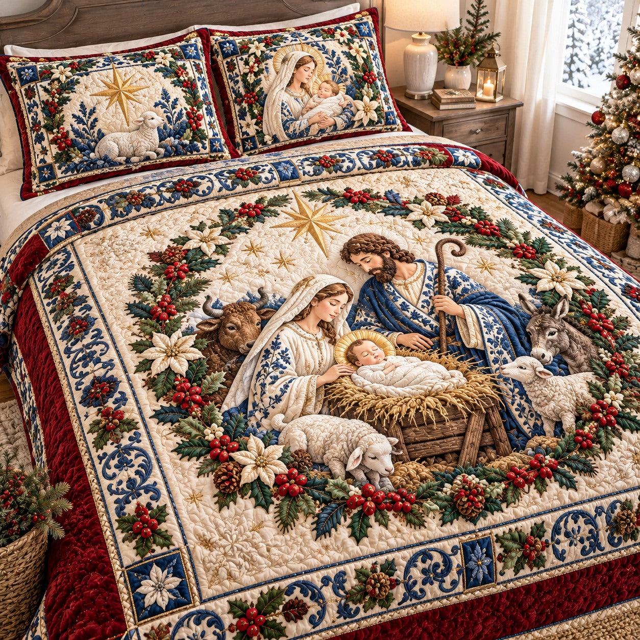 Holly Wreath Nativity 3-Piece Quilted Bedding Set NCU0NTD2376