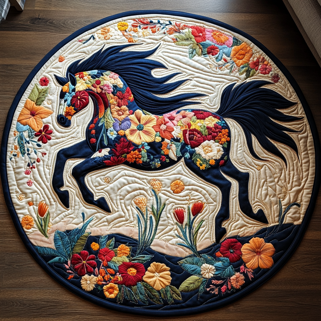 Horse Lover Floral Quilted Round Mat NCU0PD825