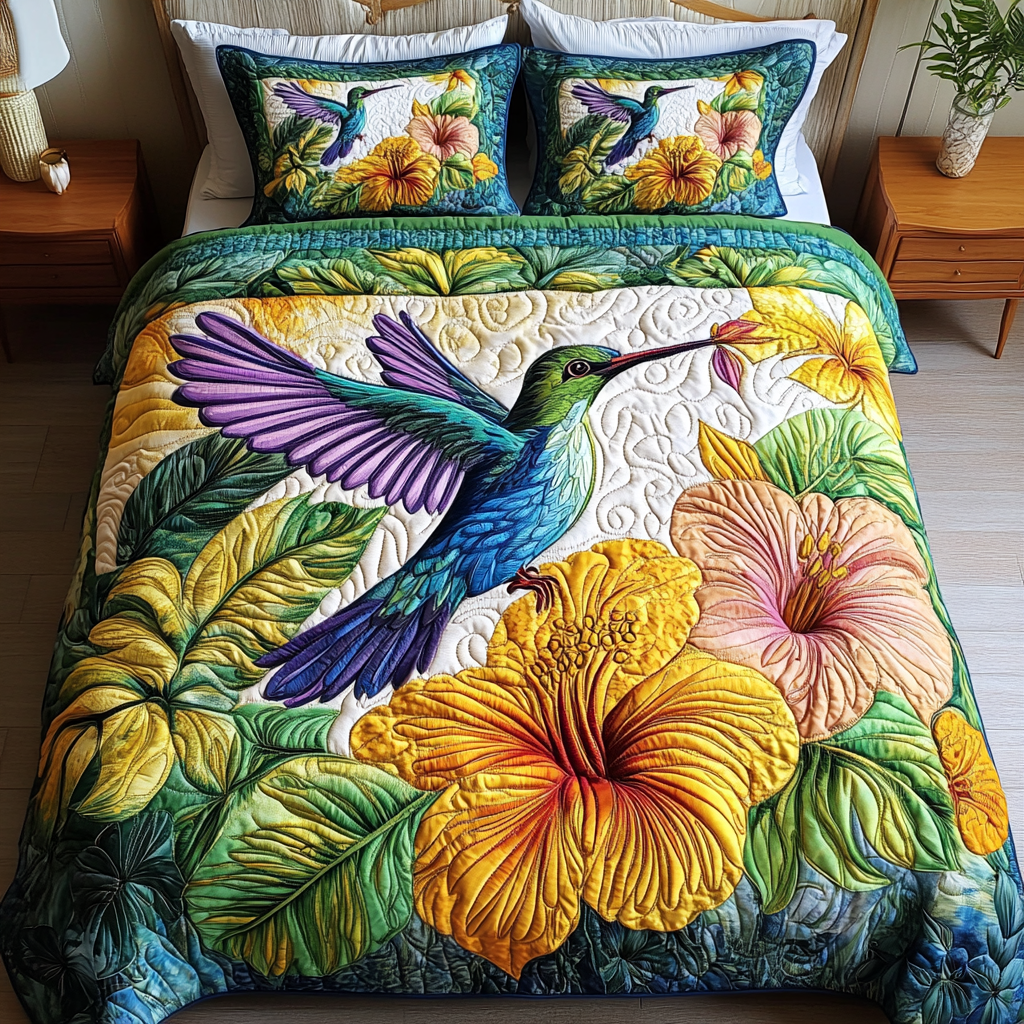 Hummingbird Bloom 3-Piece Quilted Bedding Set NCU0NVH197