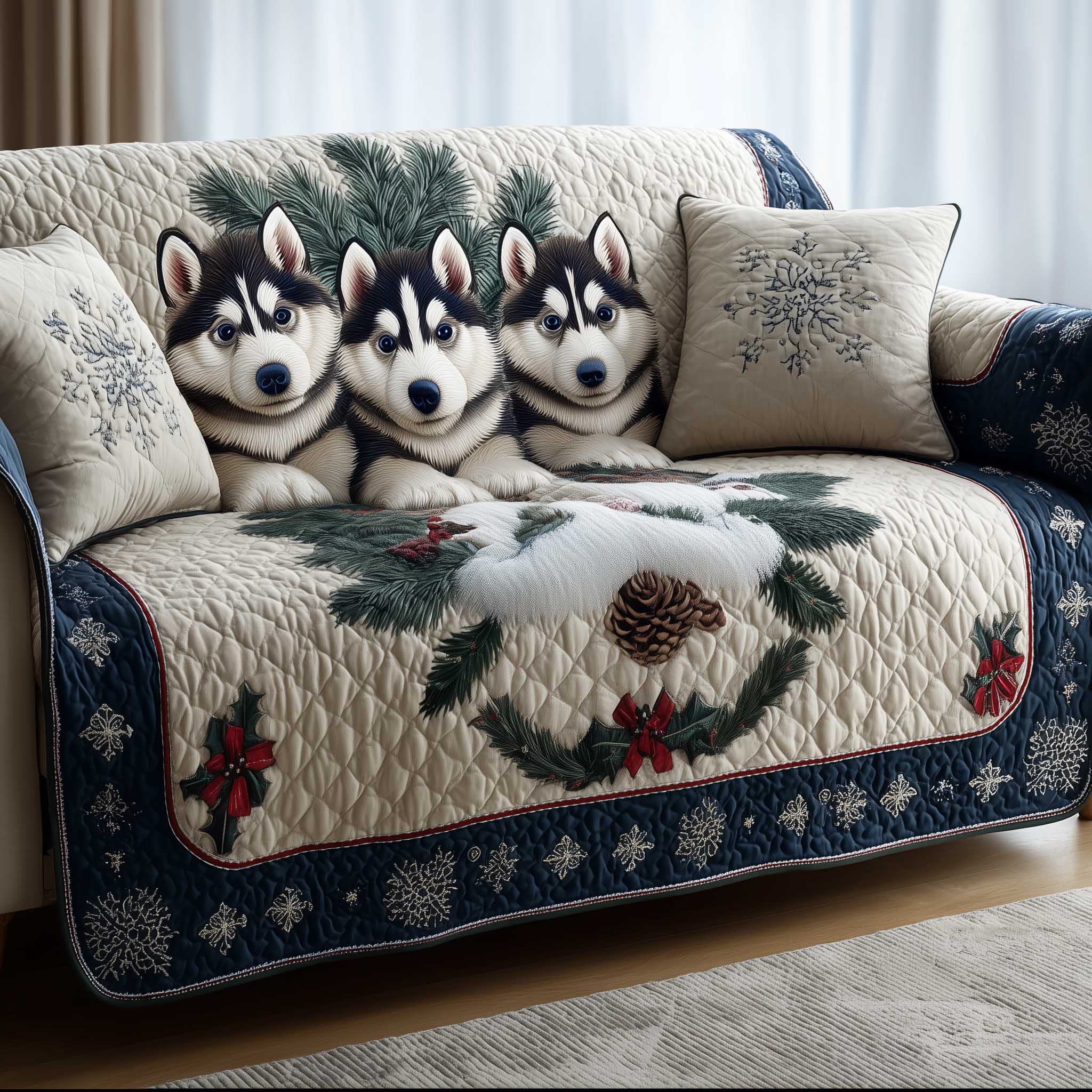 Husky Pinecone Holiday Quilted Sofa Cover NCU0HTT046