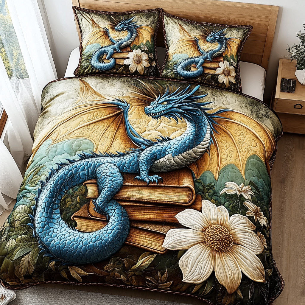Ivory Bloom Dragon 3-Piece Quilted Bedding Set NCU0PVL330