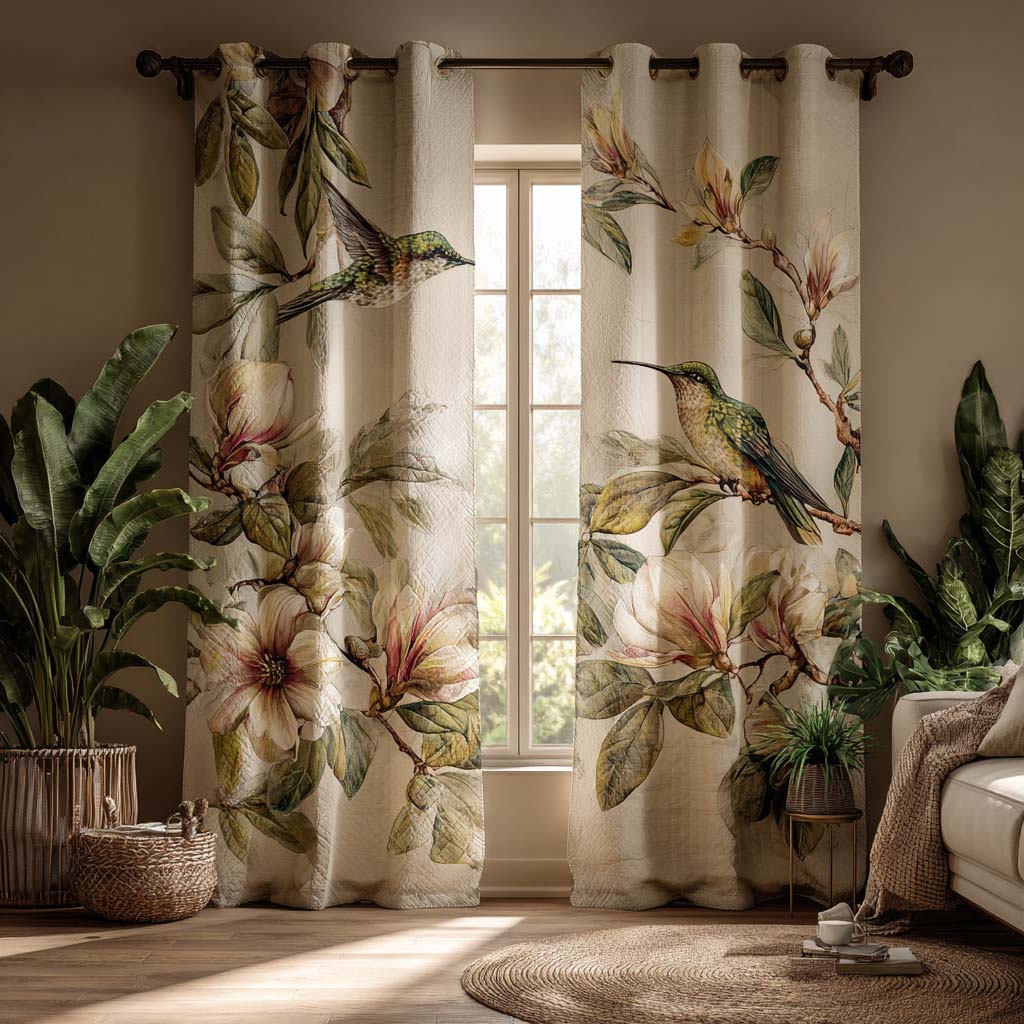Ivory Hummingbird Quilted Curtains NCU0HNH898