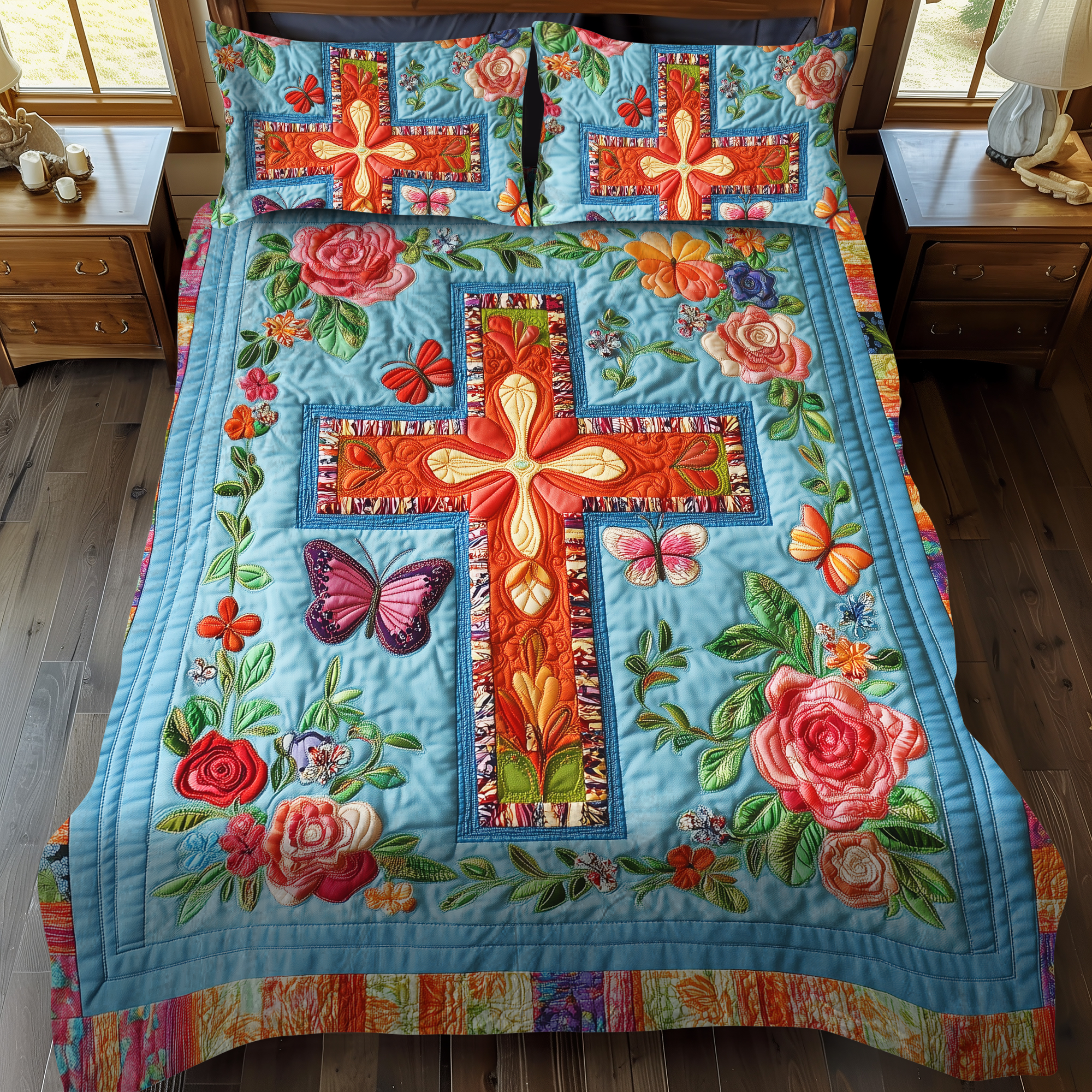 Joyful Cross 3-Piece Quilted Bedding Set NCU0VL502