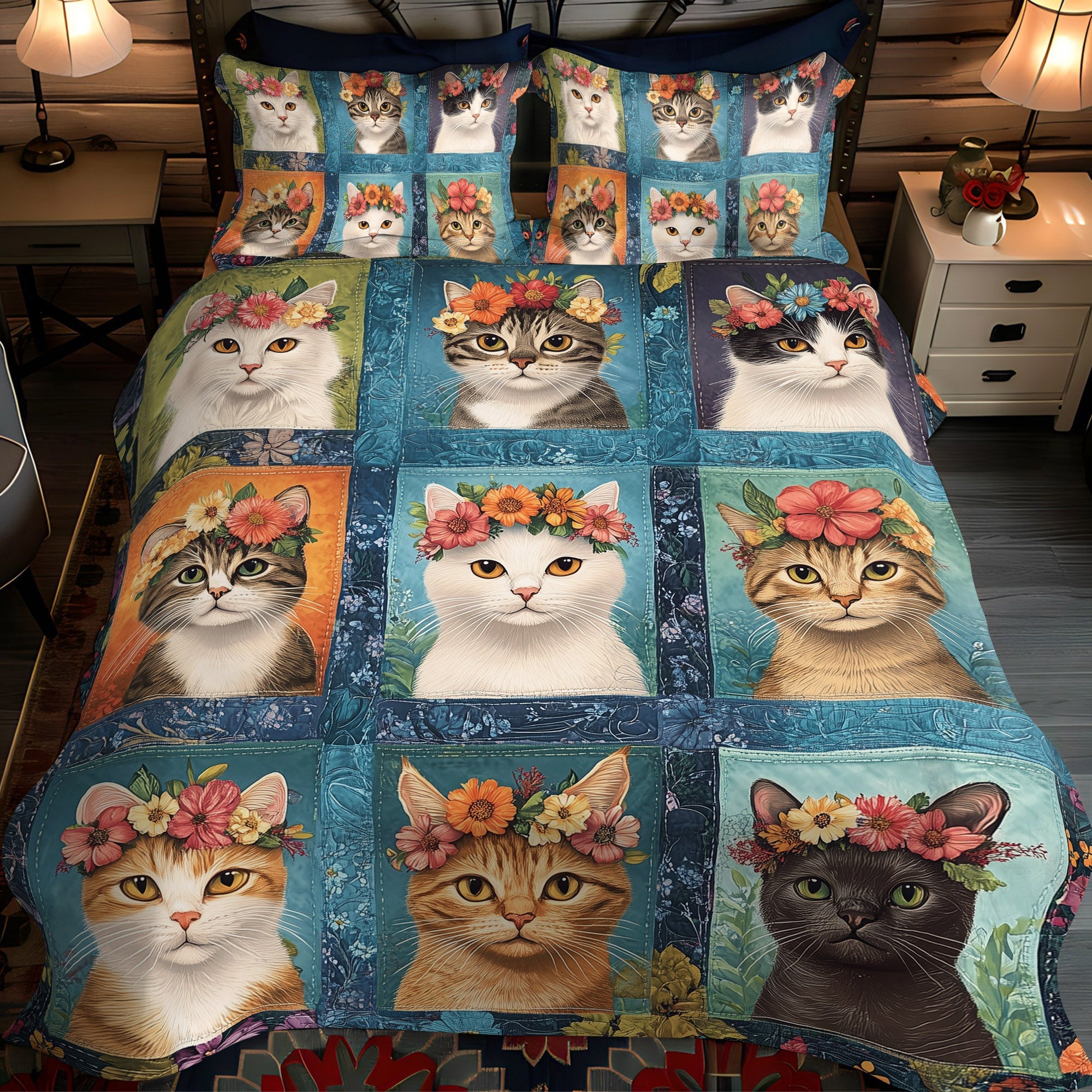 Kittens in Bloom 3-Piece Quilted Bedding Set NCU0TL1199