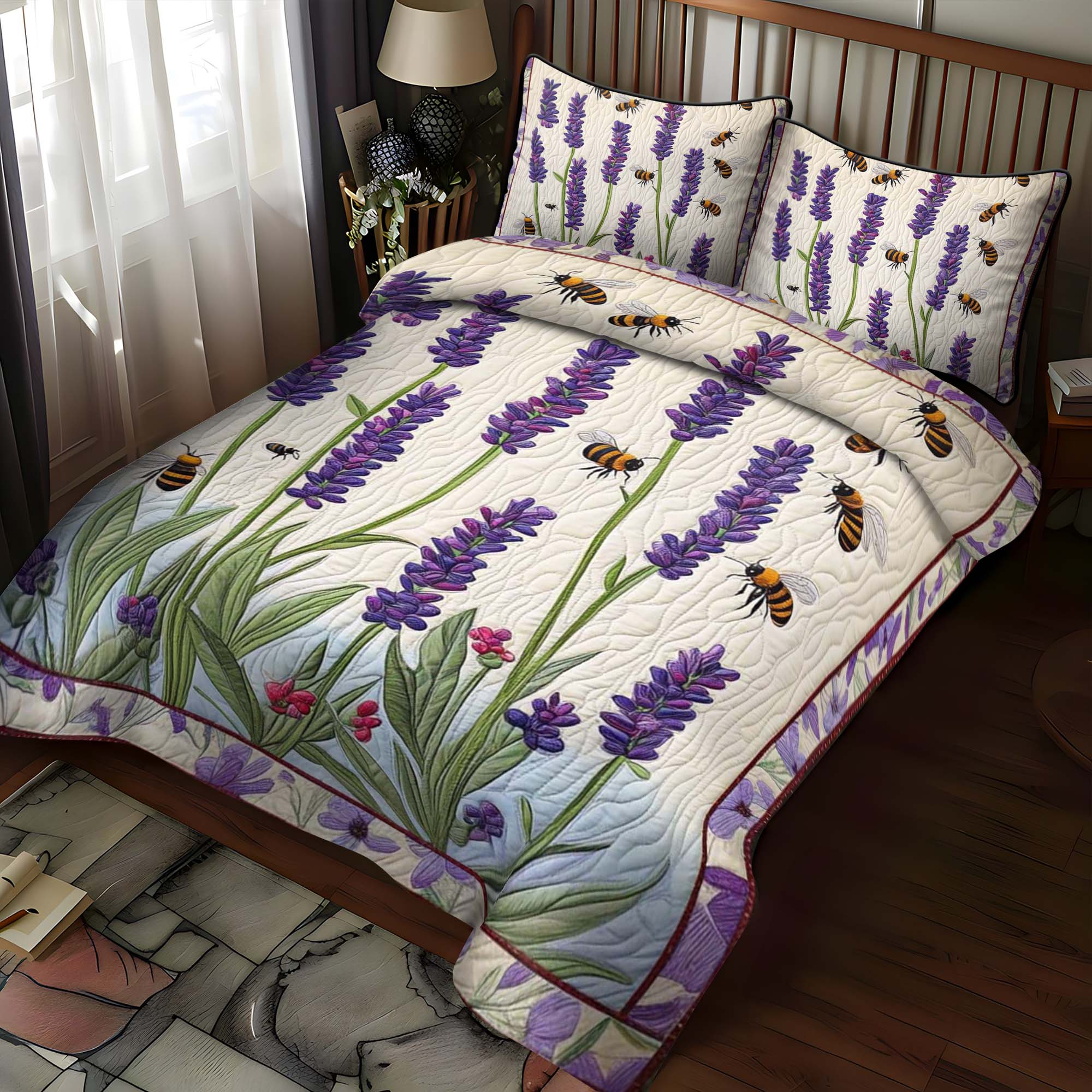 Lavender Bees Dance 3-Piece Quilted Bedding Set NCU0NT1071