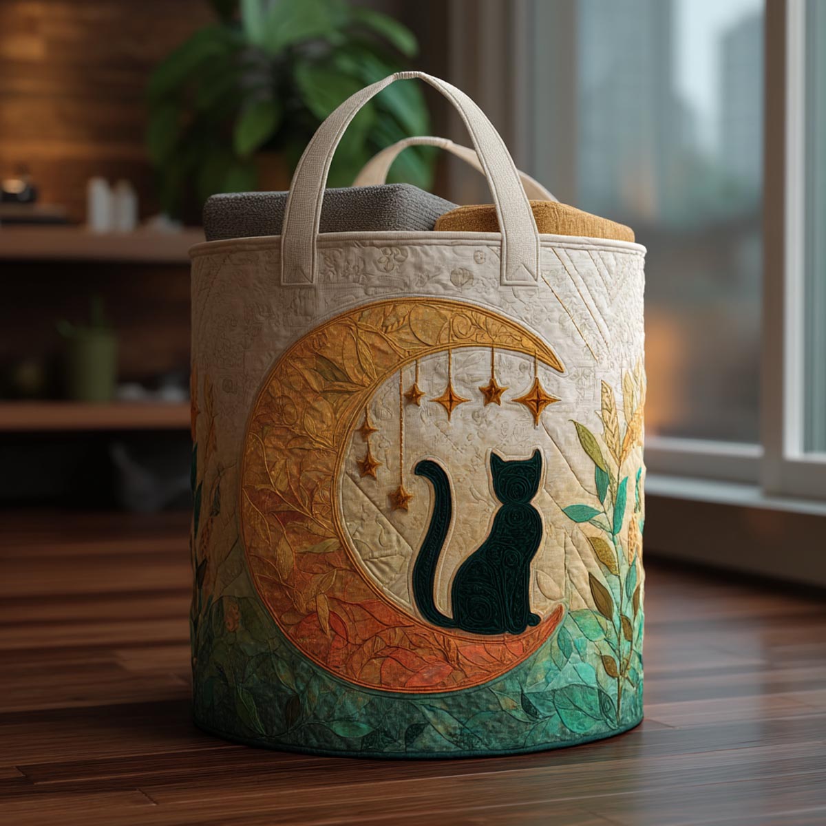 Midnight Cat Quilted Laundry Basket NCU0DV1764
