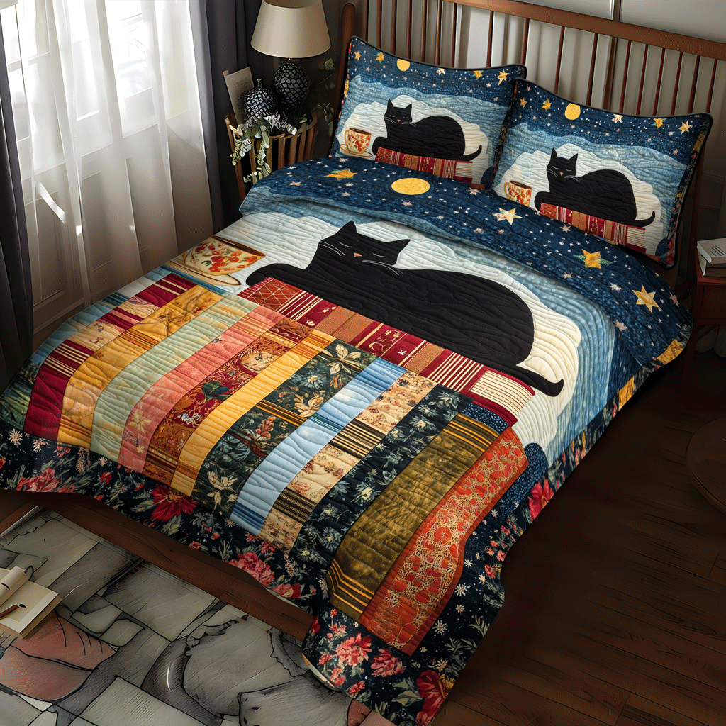 Nighttime Cat 3-Piece Quilted Bedding Set NCU0TL1067