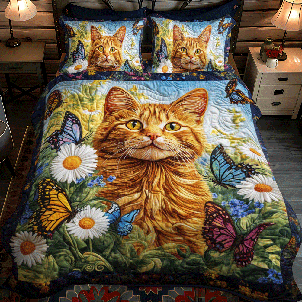 Orange Cat With Butterflies 3-Piece Quilted Bedding Set NCU0PD623