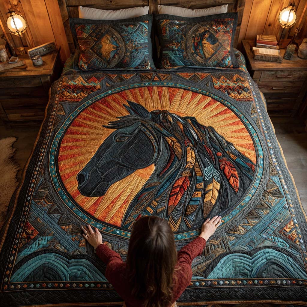 Painted Horse Circle 3-Piece Quilted Bedding Set NCU0NXD1086
