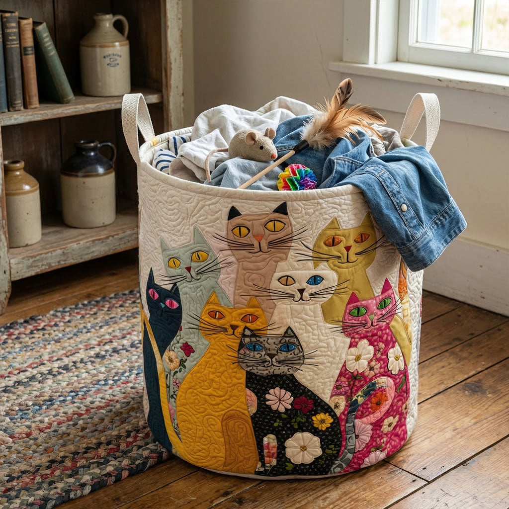 Patchwork Cat Parade Quilted Laundry Basket NCU0PTT3038