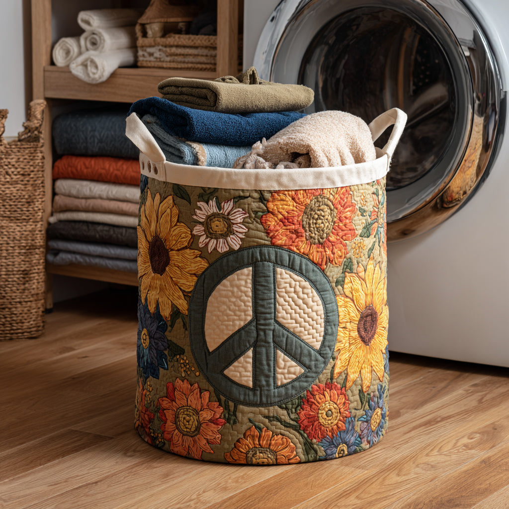 Peace Sign Flower Power Quilted Laundry Basket NCU0HNH431