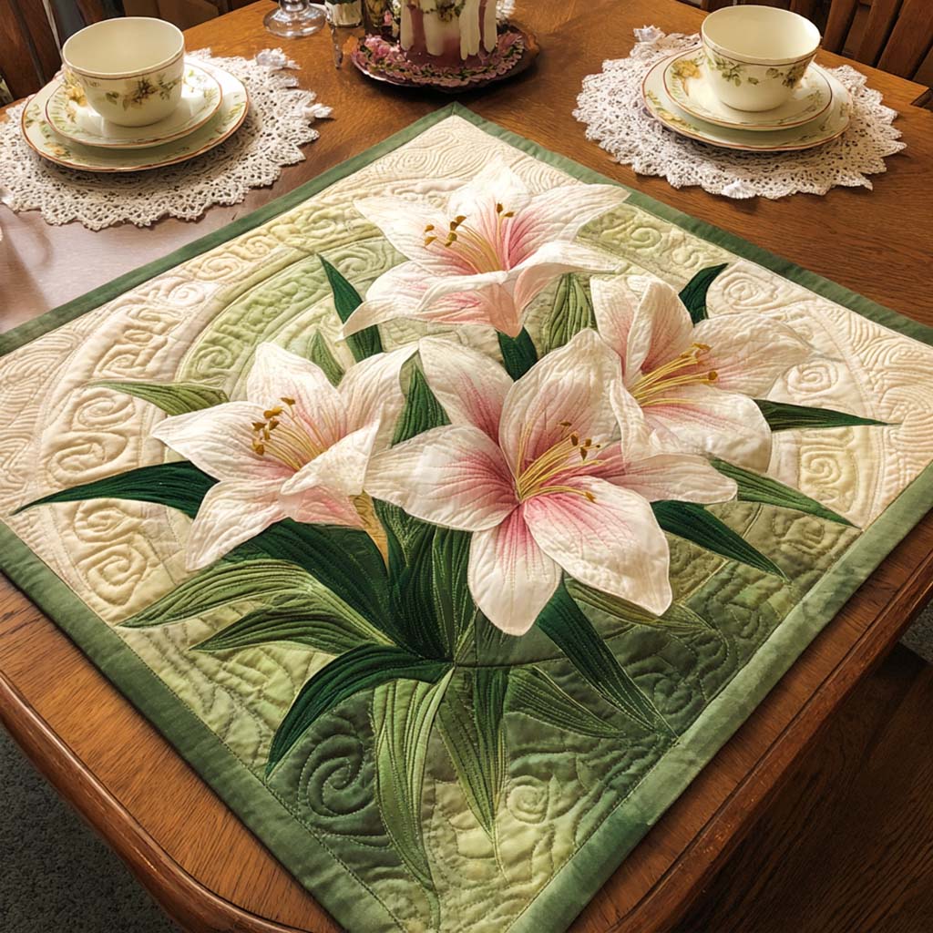 Pink Lilies Quilted Table Topper NCU0NXD135