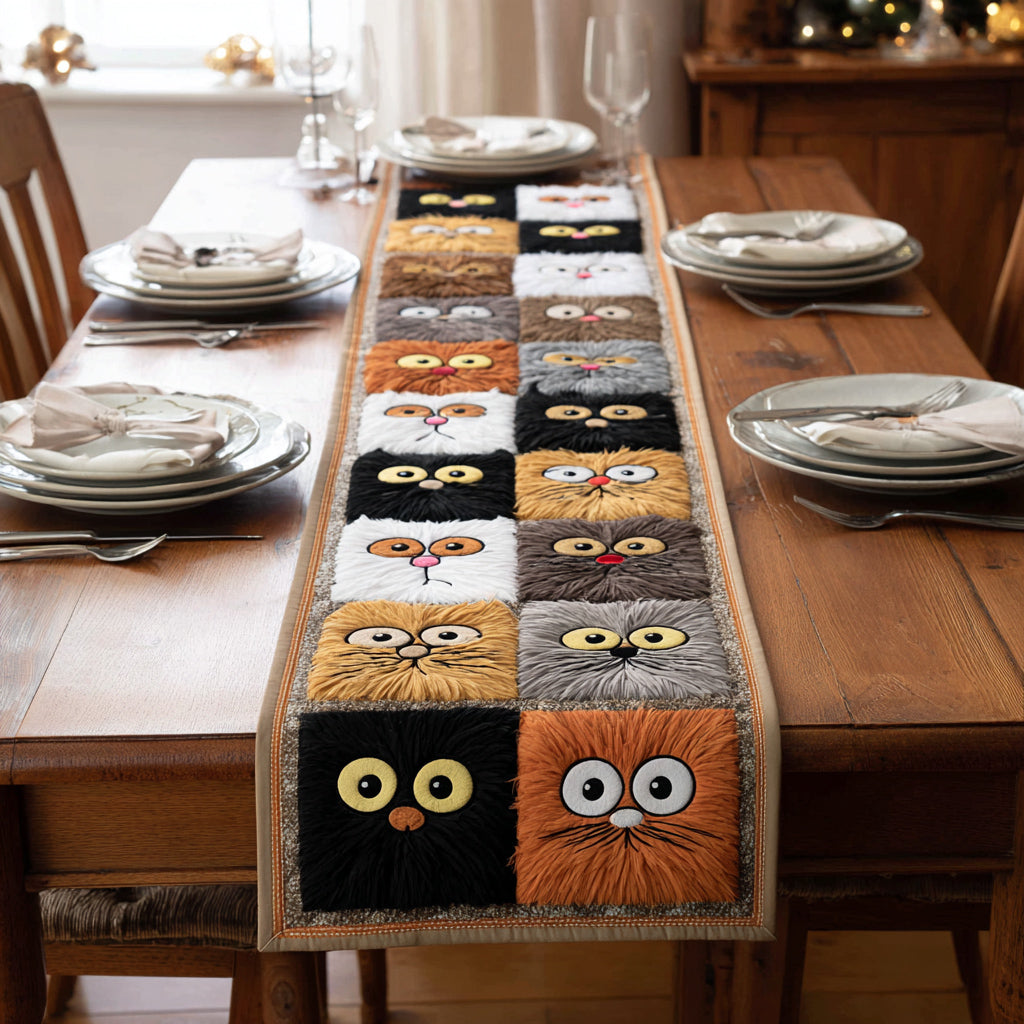 Playful Cat Grid Quilted Table Runner NCU0HNH509