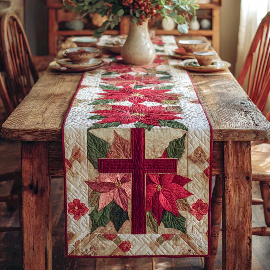 Poinsettia Cross Quilted Table Runner NCU0NXD499