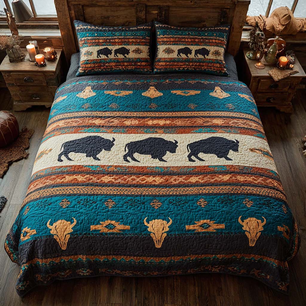 Prairie Bison Line 3-Piece Quilted Bedding Set NCU0NXD1087