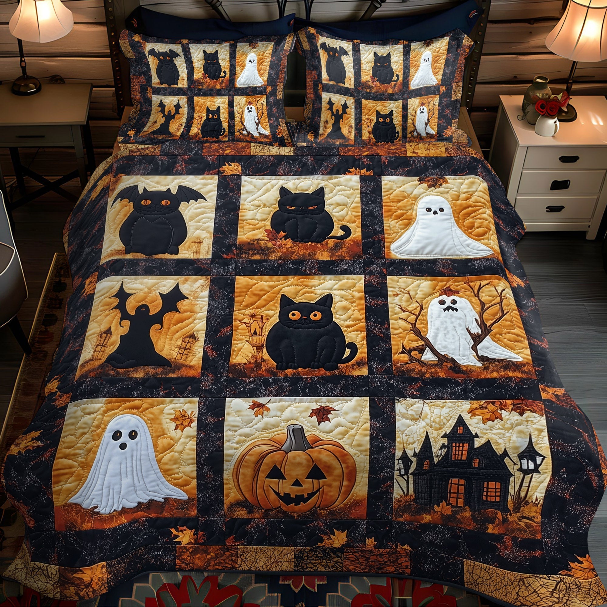 Pumpkins and Phantoms 3-Piece Quilted Bedding Set NCU0TL1228