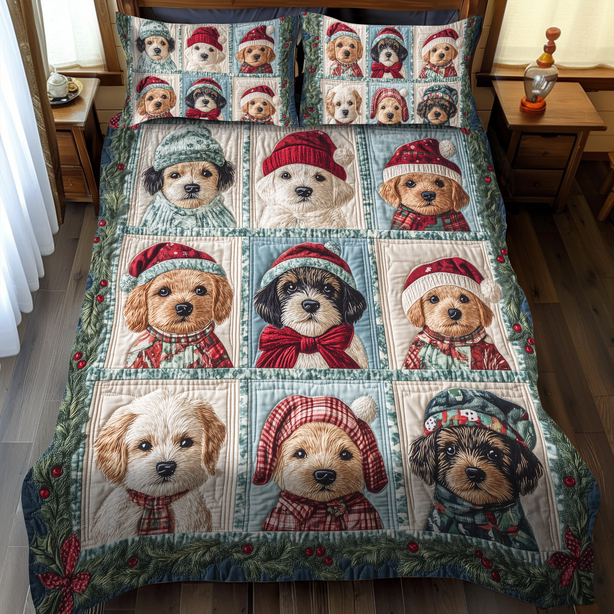 Puppy Christmas Magic 3-Piece Quilted Bedding Set NCU0VL621