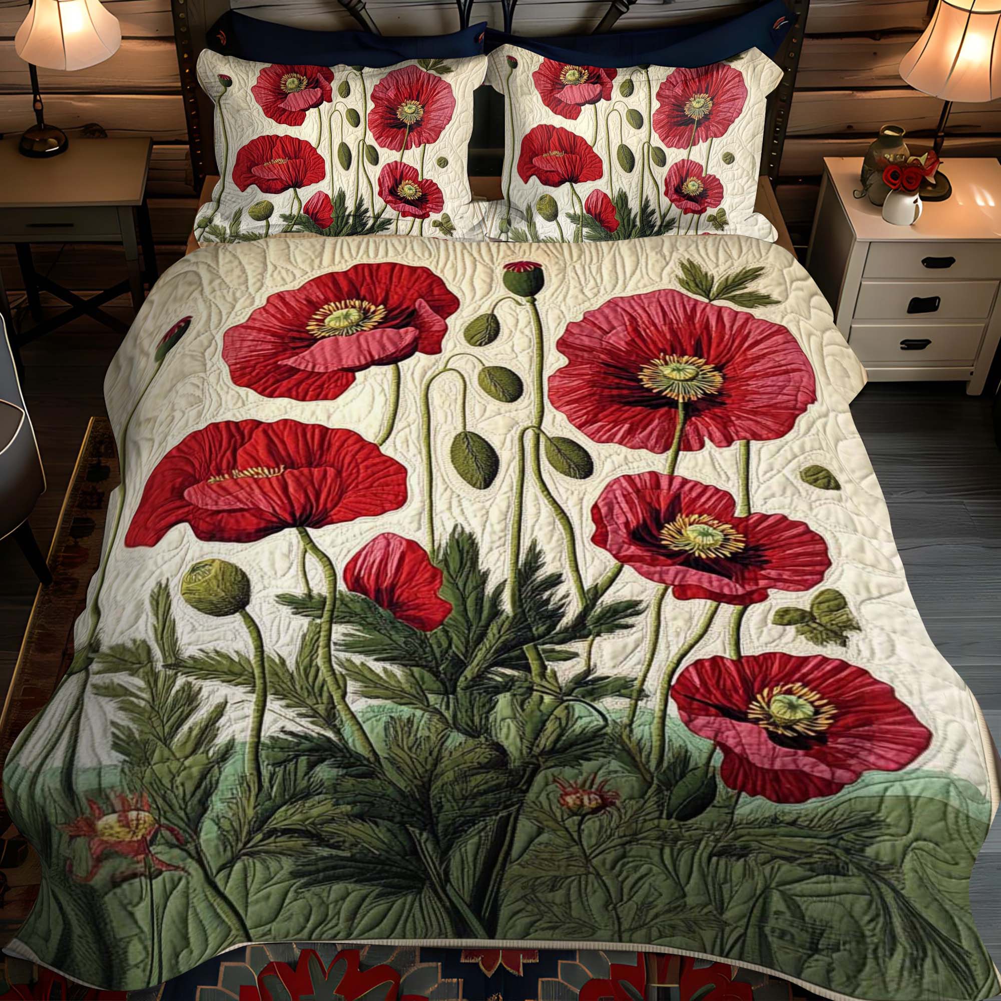Radiant Red Poppies 3-Piece Quilted Bedding Set NCU0NT1073