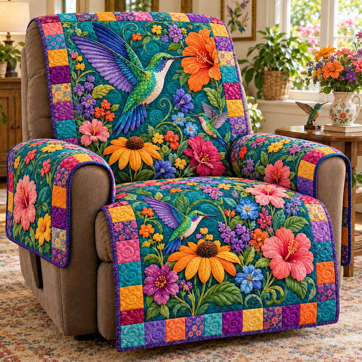 Rainbow Patchwork Hummingbird Quilted Sofa Cover NCU0NTV1180