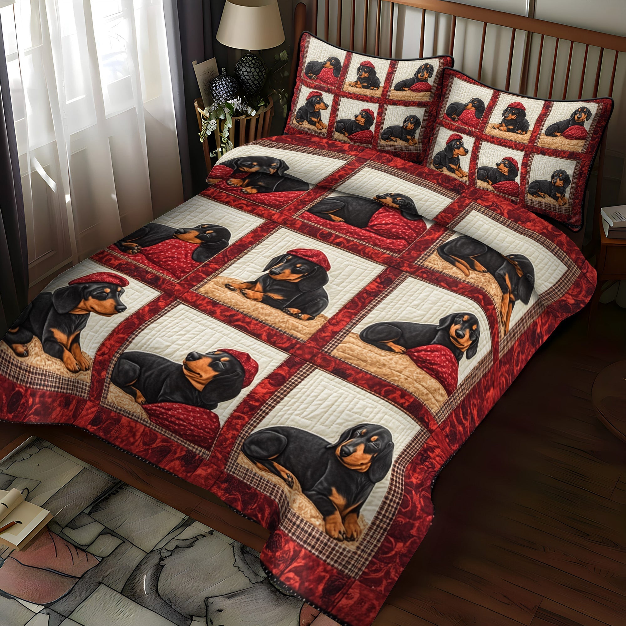 Red Cap Pup 3-Piece Quilted Bedding Set NCU0NT1655