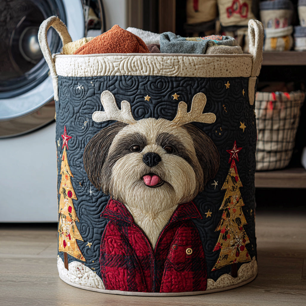 Reindeer Shih Tzu Quilted Laundry Basket NCU0HNH711