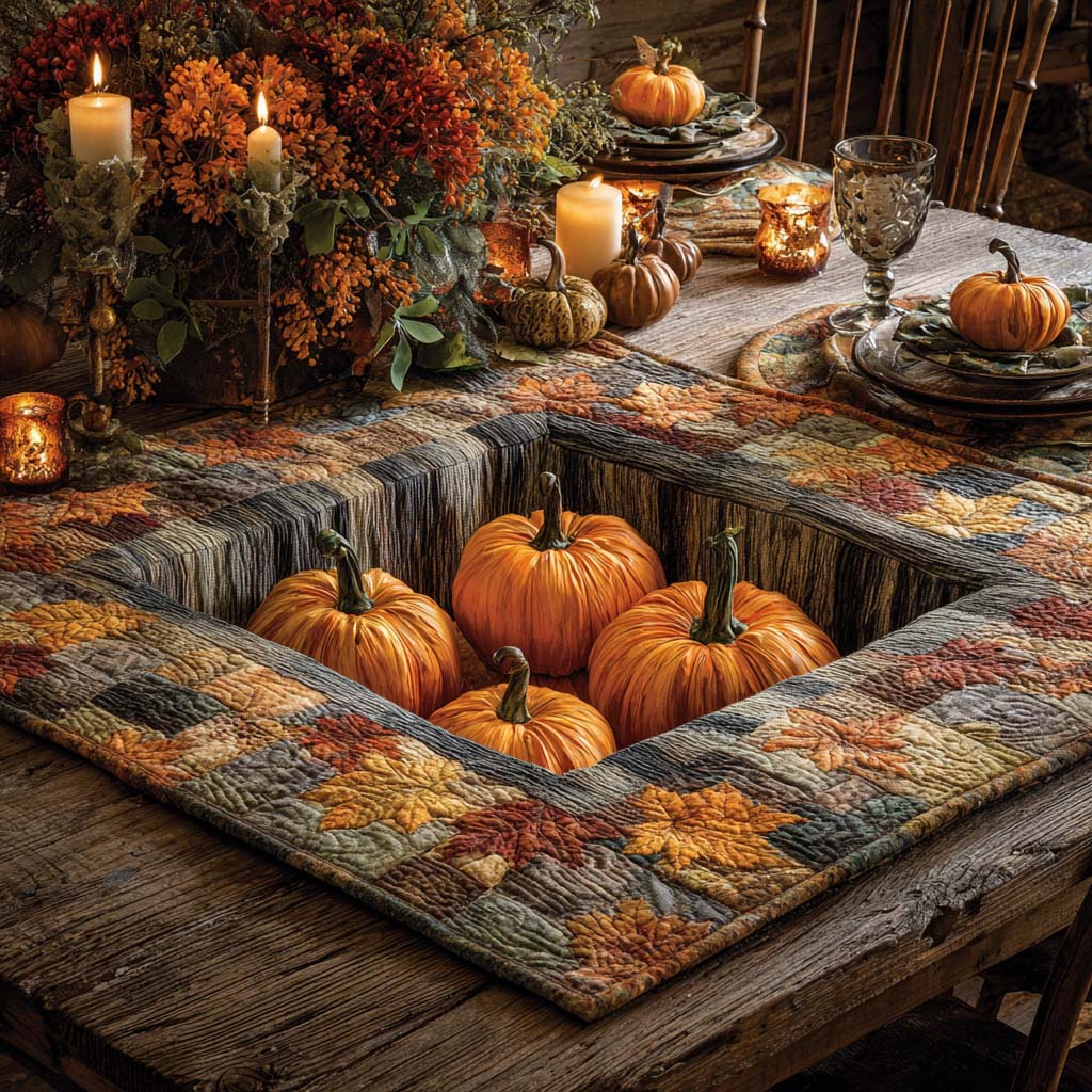 Rustic Autumn Pumpkins Quilted Table Topper NCU0NXD344