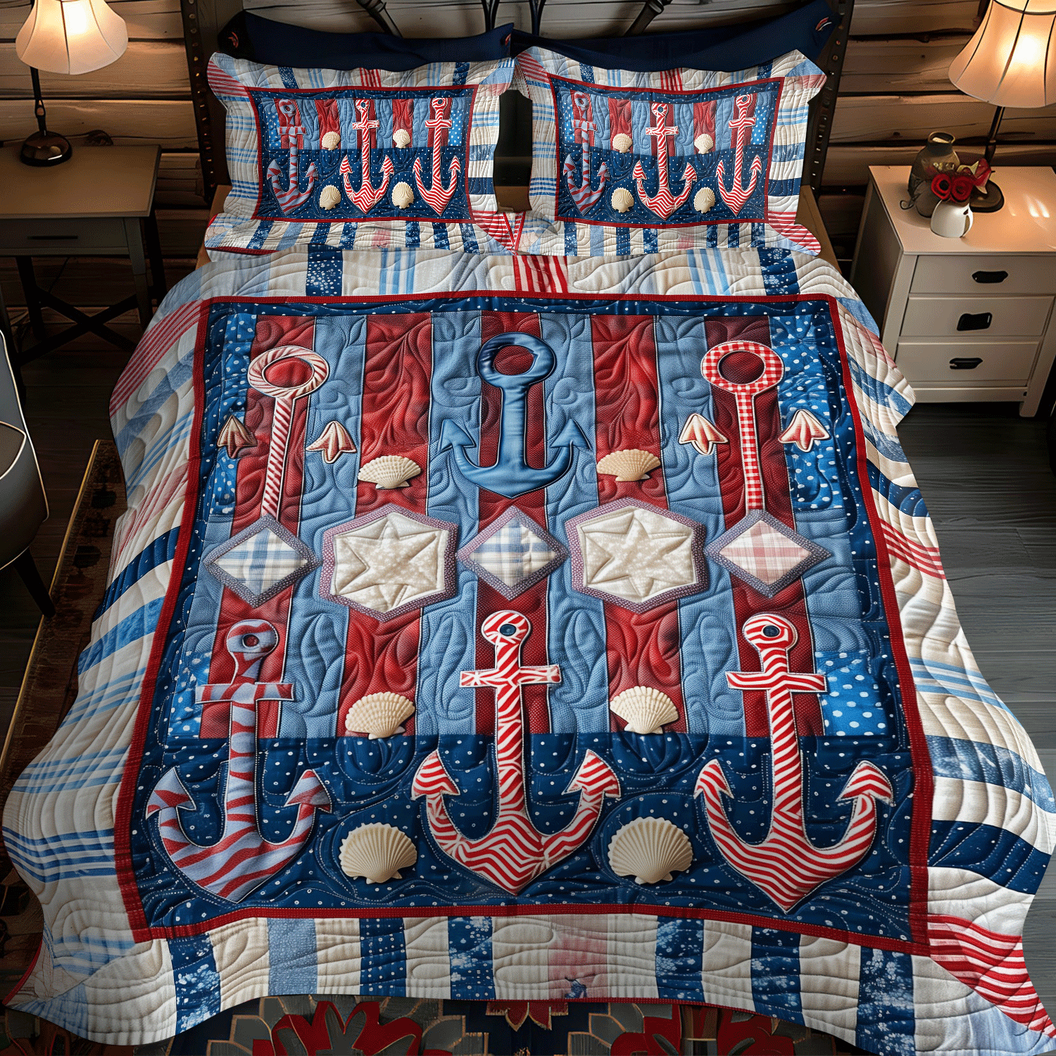 Seafarer Anchors 3-Piece Quilted Bedding Set NCU0TH1219