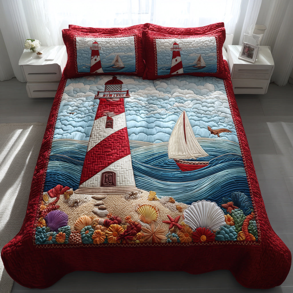 Seashell Lighthouse Shore 3-Piece Quilted Bedding Set NCU0HNH315