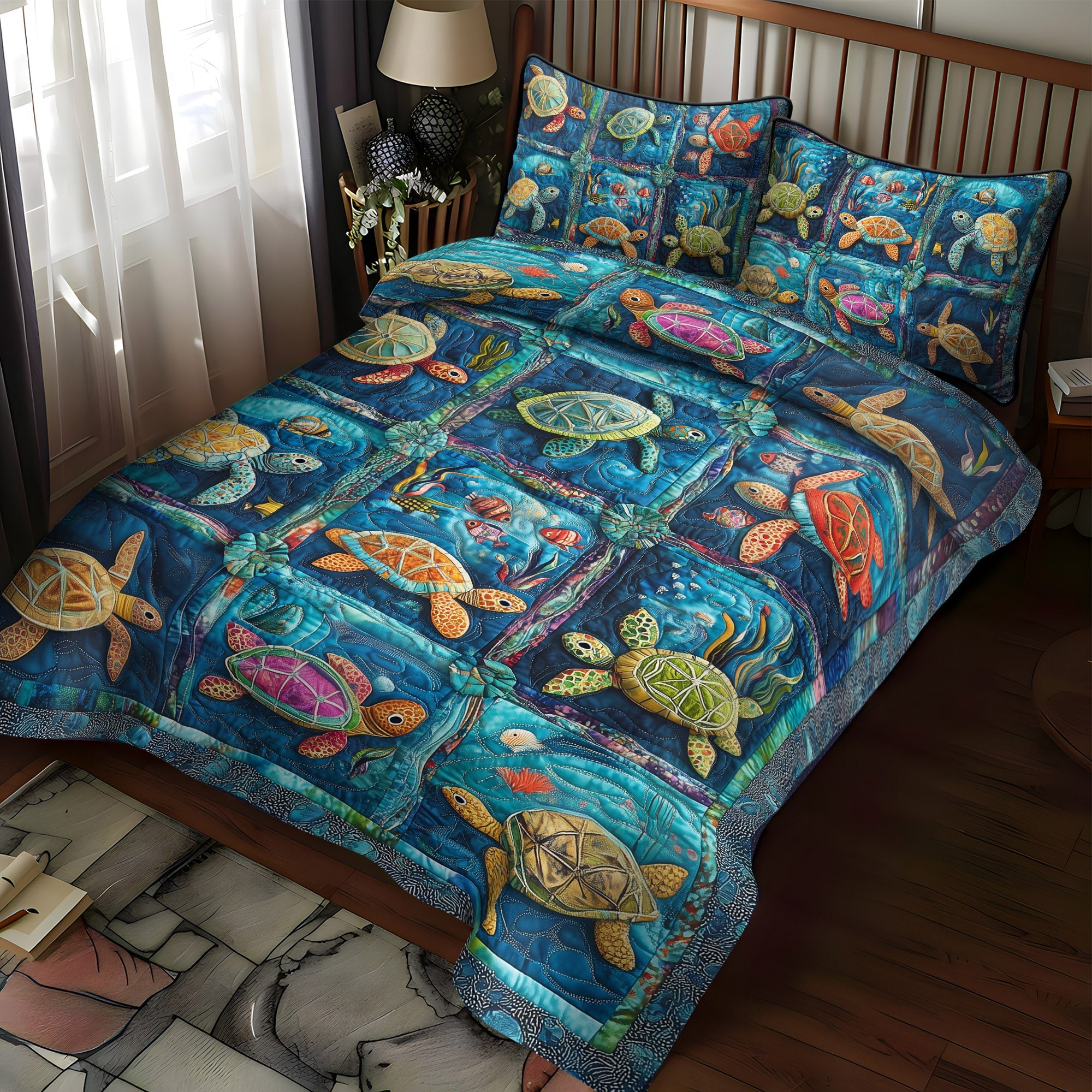 Seaside Turtle Retreat 3-Piece Quilted Bedding Set NCU0PT1856