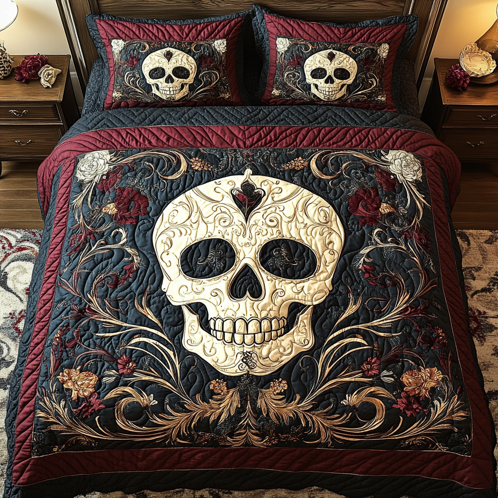 Shadowed Roses Skull 3-Piece Quilted Bedding Set NCU0TL2054