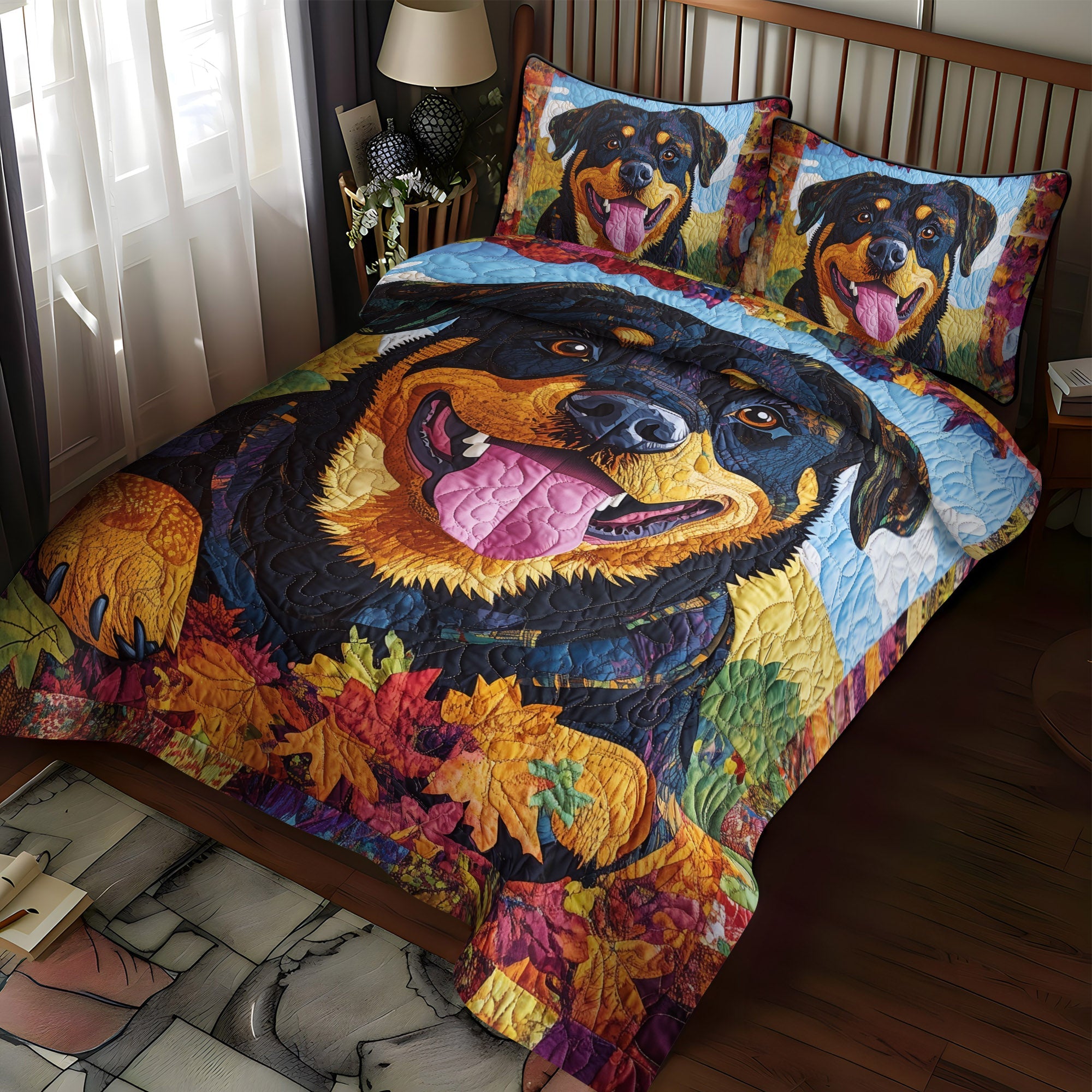 Sky Gazing Rottweiler Throw 3-Piece Quilted Bedding Set NCU0PT568