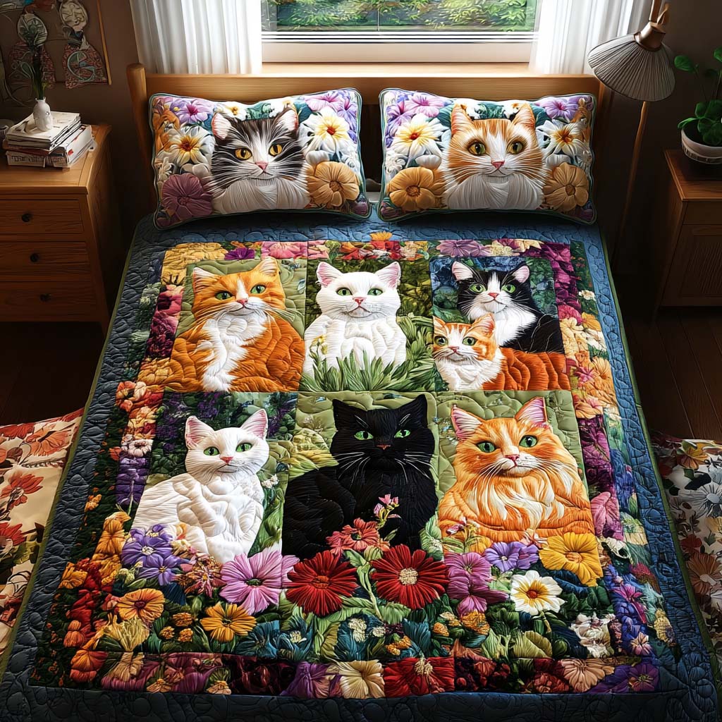 Smiling Cat Charm 3-Piece Quilted Bedding Set NCU0NNT922