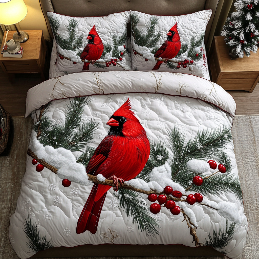 Snowy Cardinal Haven 3-Piece Quilted Bedding Set NCU0DK2603