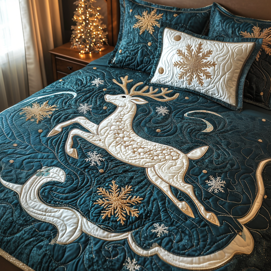 Snowy Nights Reindeer 3-Piece Quilted Bedding Set NCU0TL1965