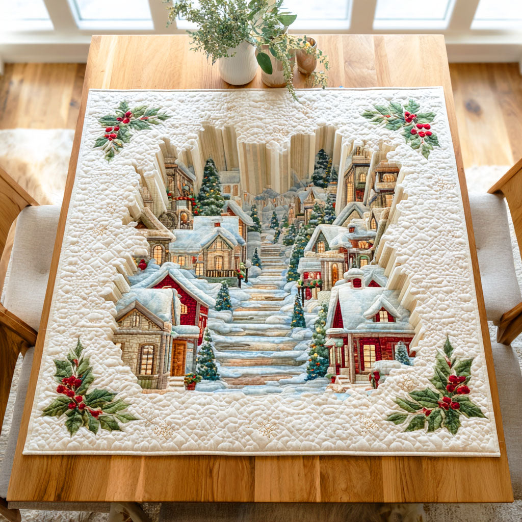 Snowy Village Steps Quilted Table Topper NCU0NTD509