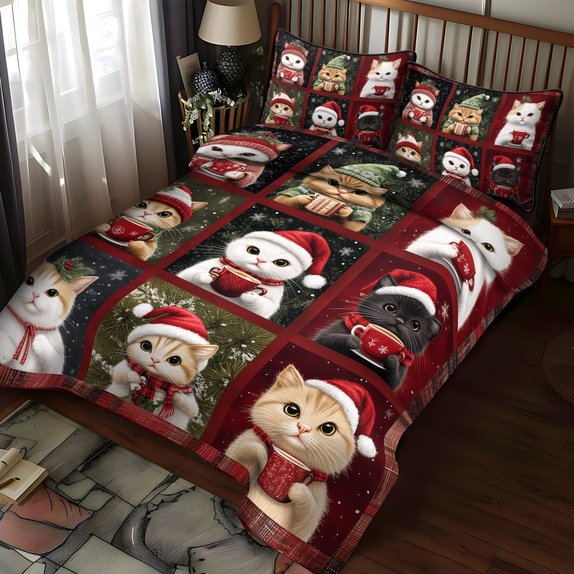Snuggly Cat Sips 3-Piece Quilted Bedding Set NCU0TL1181