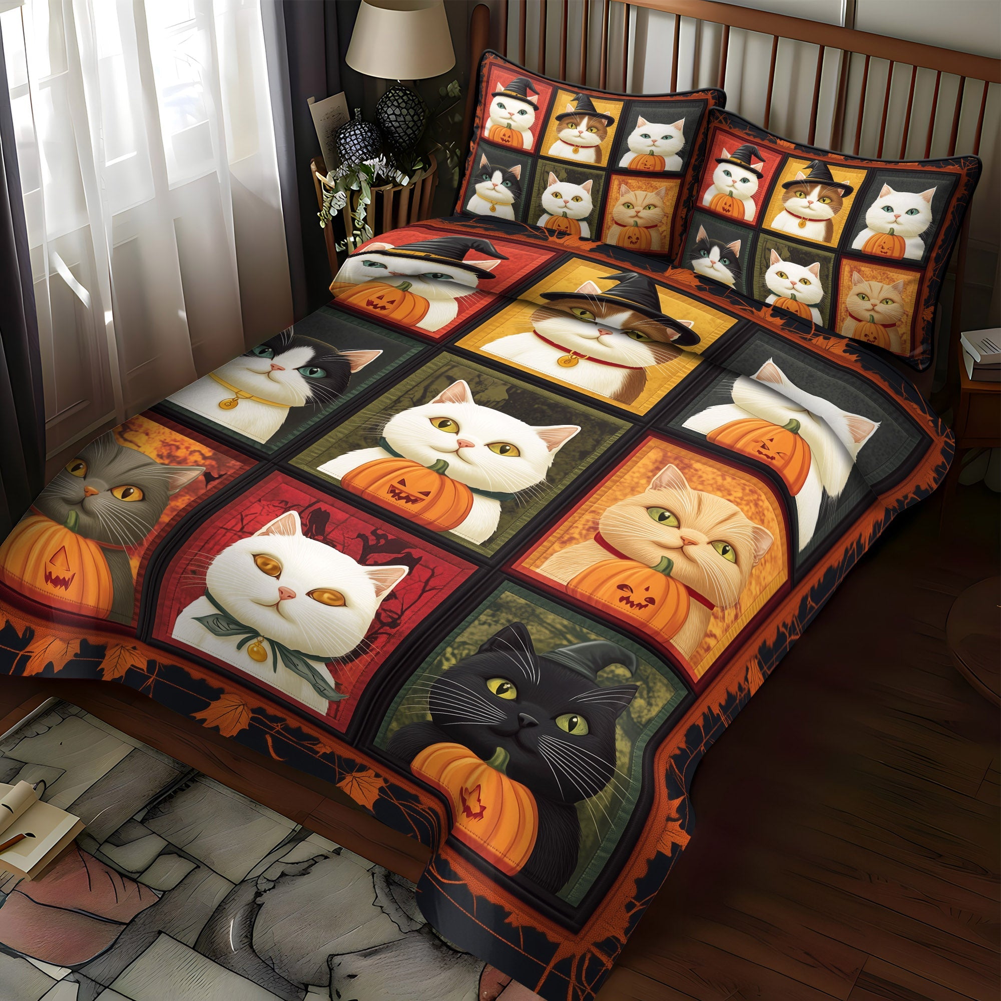 Spooky Cat Companions 3-Piece Quilted Bedding Set NCU0TL1176