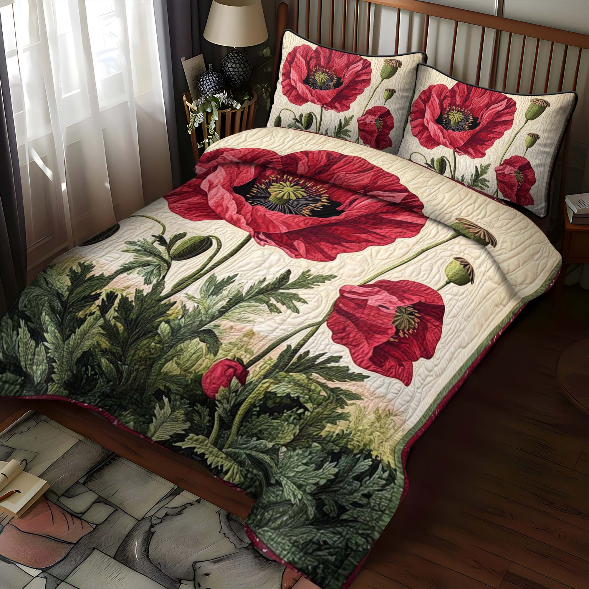 Summer Poppy Field 3-Piece Quilted Bedding Set NCU0NT1075