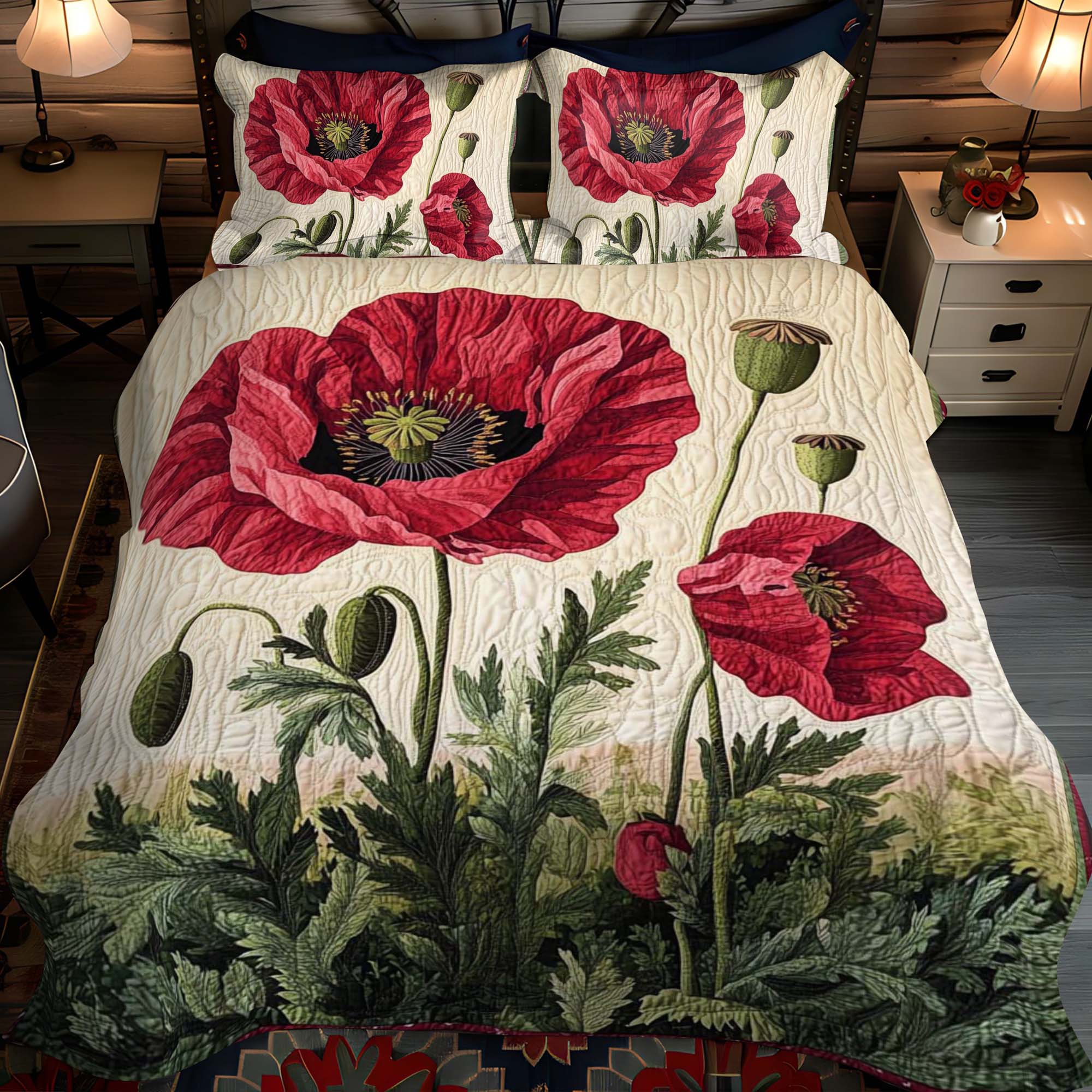 Summer Poppy Field 3-Piece Quilted Bedding Set NCU0NT1075