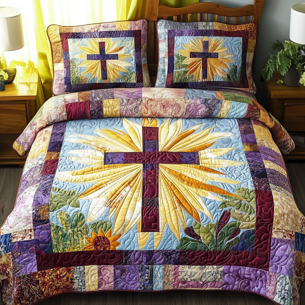 Sunburst Cross 3-Piece Quilted Bedding Set NCU0TL1712
