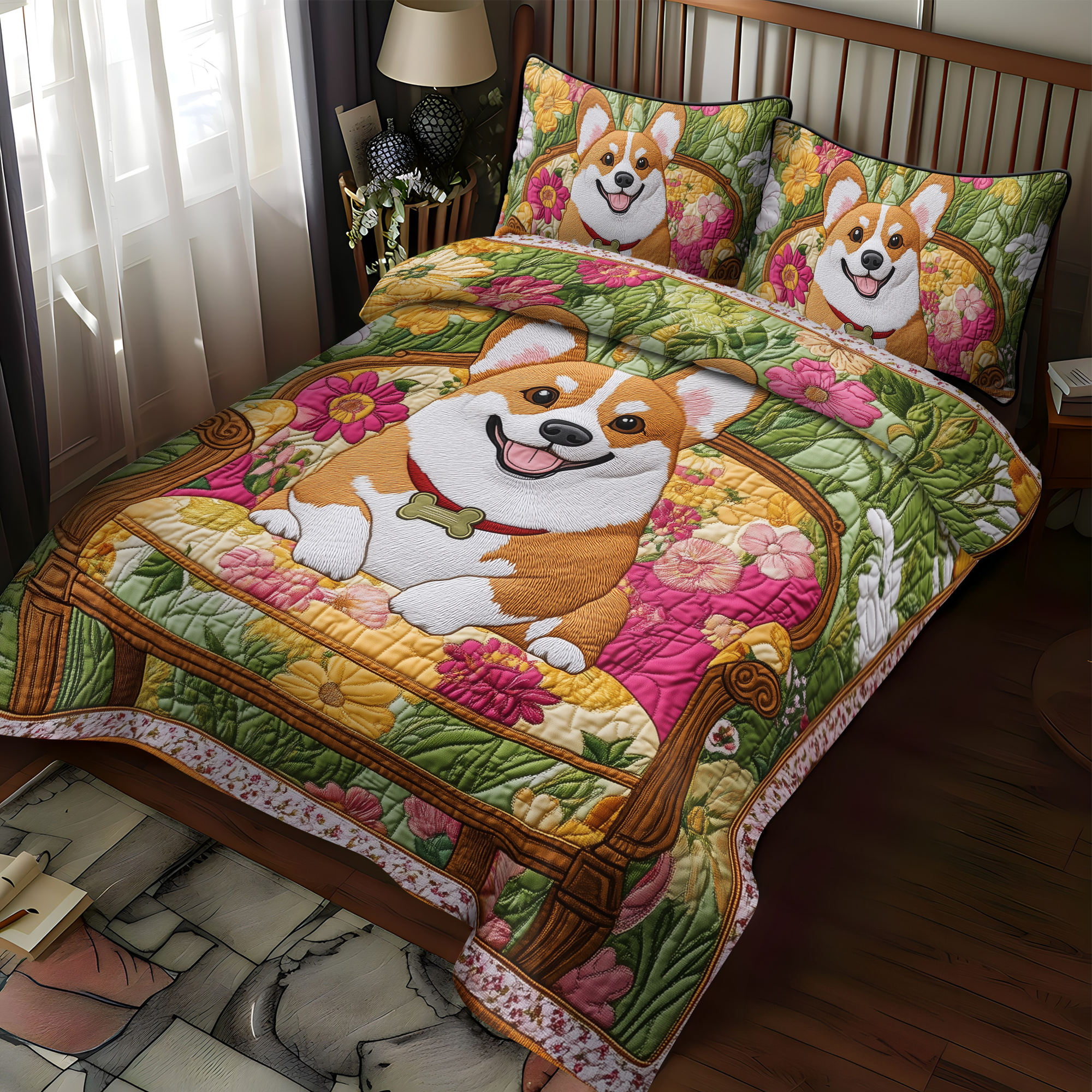 Sunny Corgi Garden 3-Piece Quilted Bedding Set NCU0DK1604