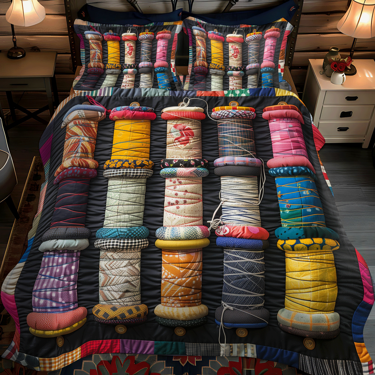Thread Spool Symphony 3-Piece Quilted Bedding Set NCU0TH1295
